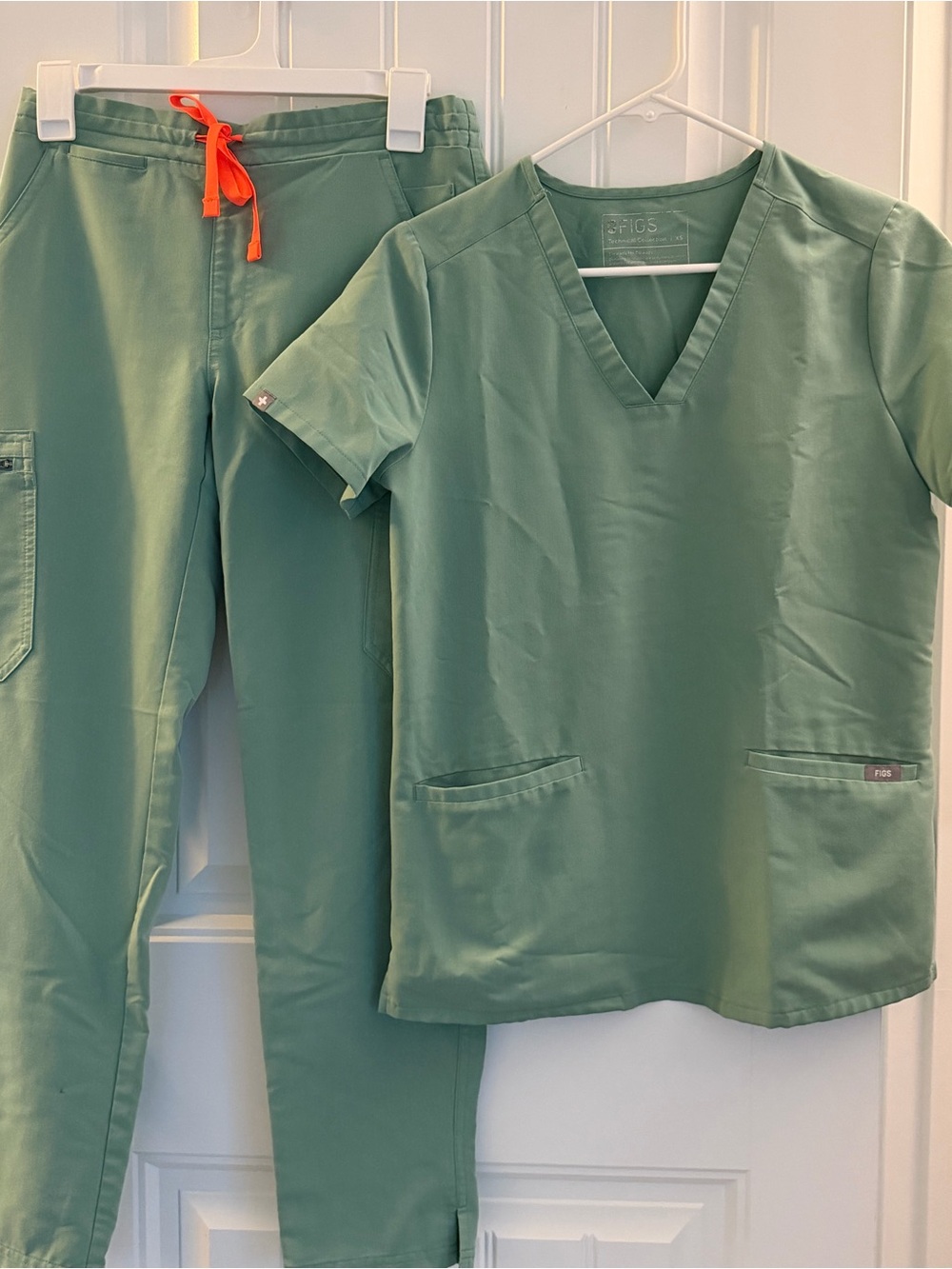 Figs Women's Two-Piece Pajama/Medical Scrub Set in Sage with Orange Drawstring